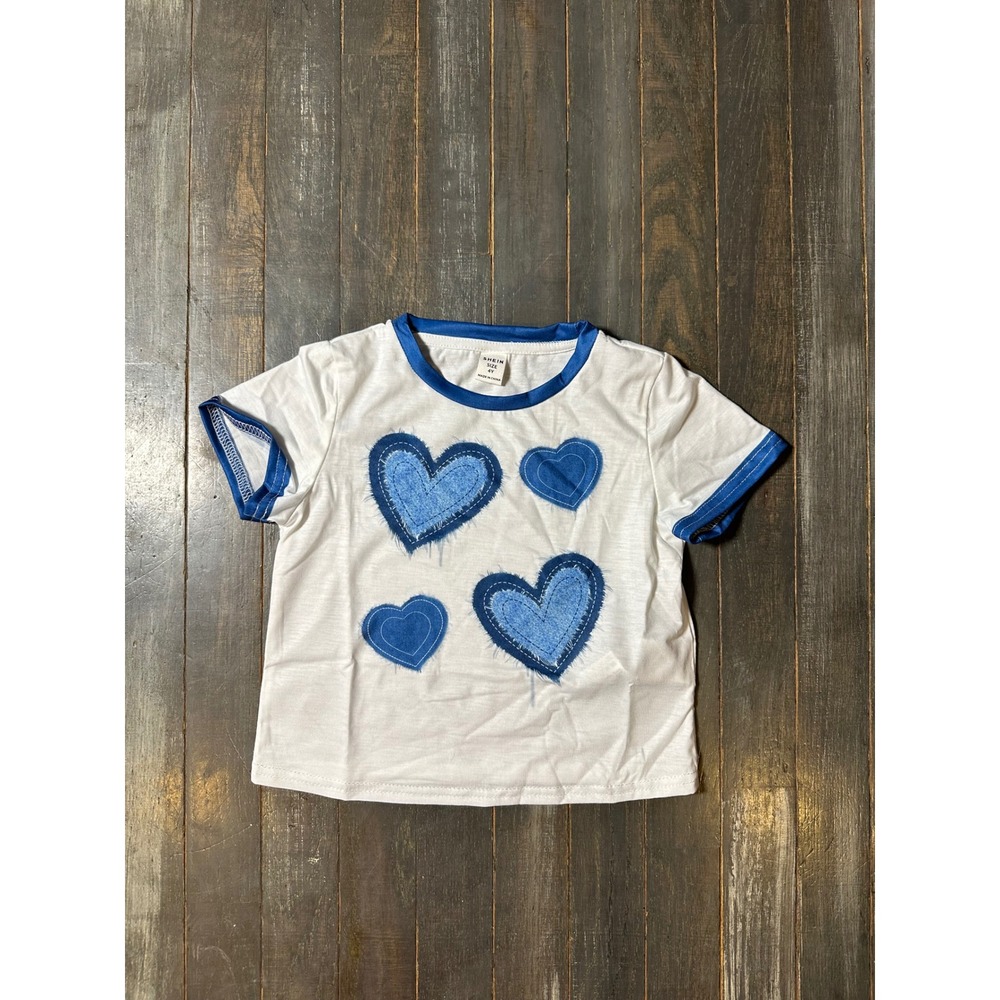 SHEIN‎ Kids Blue Heart Denim Patch Ringer Tee White Short Sleeve Shirt Size 4Y